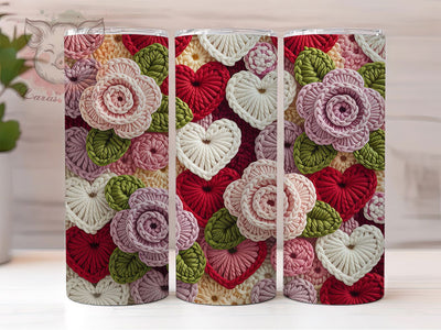 Faux Yarn Roses Valentine Tumbler, Yarn Heart Wrap, Romantic Rose Cup, 20oz Sublimation Wrap, Stylish Valentine Design Tumbler, Artistic Yarn Rose Cup, Whimsical Yarn Heart Theme Wrap Sublimation Lara' s Designs 