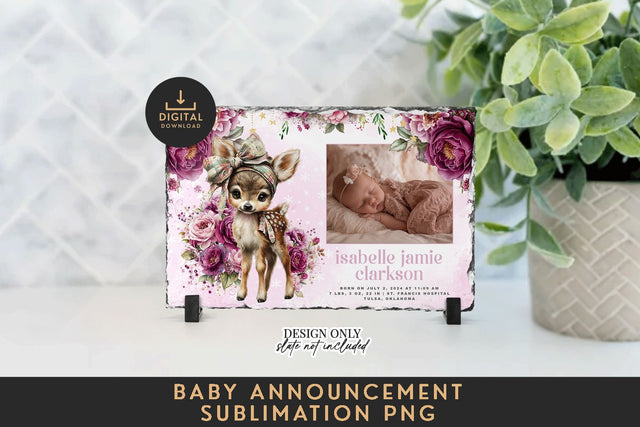 Fawn Birth Announcement Template PNG Floral Deer Photo Sublimation BijouBay 