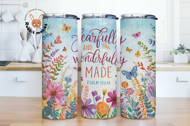 Fearfully and Wonderfully Made 20 oz Skinny Tumbler Sublimation Design Digital Download, Bible Christian Tumbler Sublimation Rabbitmakies 