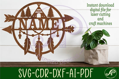 Feather and arrow Name sign svg laser cut template SVG APInspireddesigns 