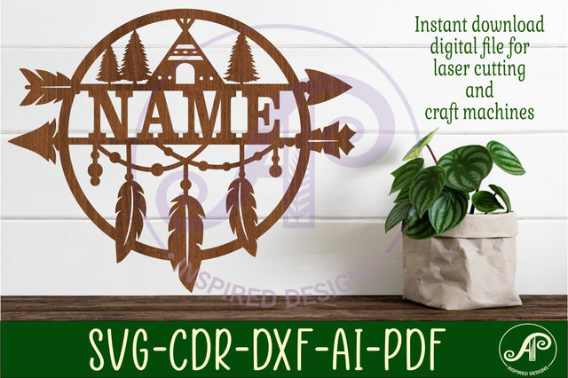 Feather and arrow Name sign svg laser cut template SVG APInspireddesigns 
