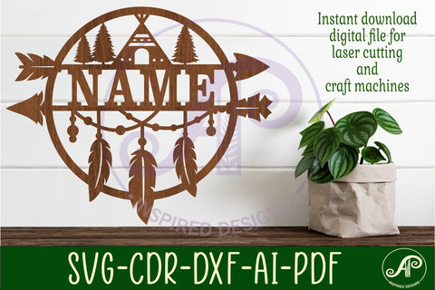 Feather and arrow Name sign svg laser cut template SVG APInspireddesigns 