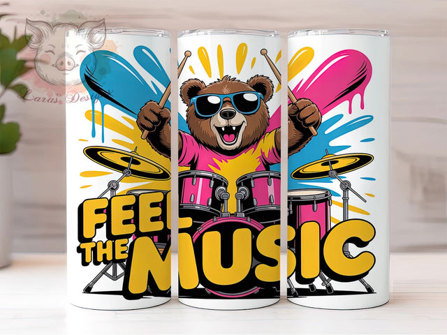 Feel the Music Bear 20oz Tumbler, Funny Bear Quote, Feel the Music Bear Wrap, Musical Sublimation Design, 20oz Tumbler Wrap, Sublimation Design PNG, Music Gift Sublimation Lara' s Designs 
