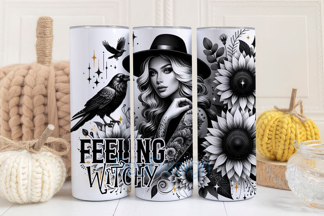 Feeling Witchy Tumbler Wrap, Raven Tumbler, Celestial women with Tattoos PNG, 20 oz Skinny Sublimation Tumbler Design, Straight Tumbler Wrap Sublimation BouDesign 
