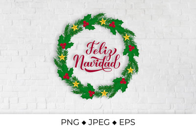 Feliz Navidad calligraphy hand lettering with wreath of fir tree branches sublimation design Sublimation LaBelezoka 