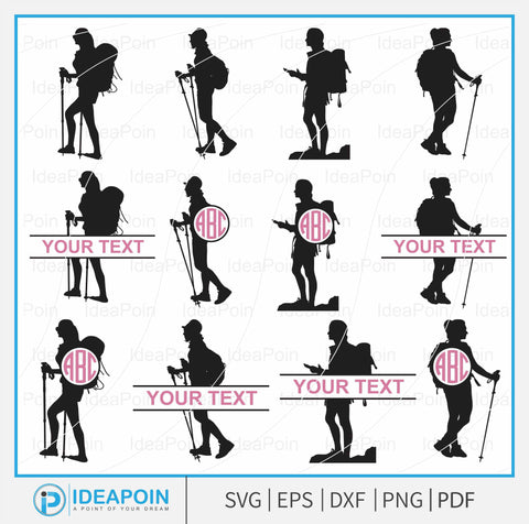 Female Hiker svg, Female Hiker monogram svg, Woman Hiking, Hikers monogram svg, Hiking silhouette, Hiking Trail, Forest Hiking, Adventure SVG Dinvect 
