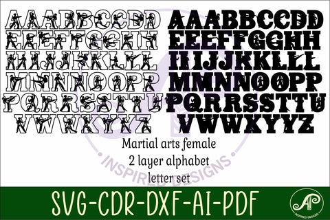 Female martial arts theme alphabet set. 2 layer 52 letters SVG APInspireddesigns 