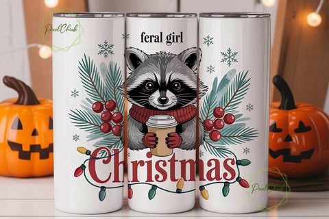 Feral Girl Raccoon Christmas Tumbler Sublimation PixelChick 