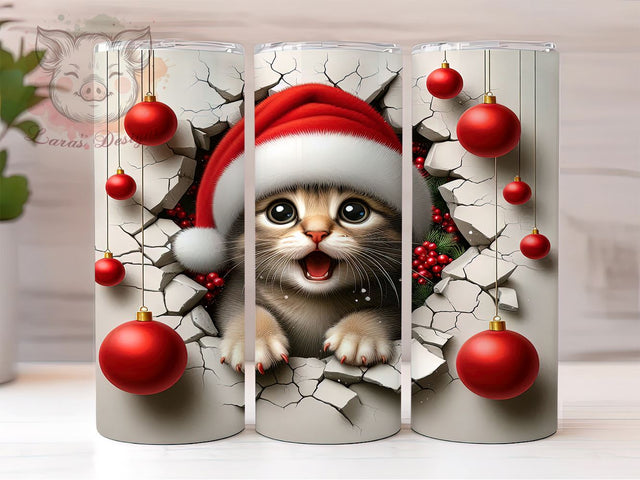 Festive 3D Cat Cracked Wall Tumbler, 3D Cat Design, Cracked Wall Tumbler, 20oz Tumbler Wrap, Cute Holiday Tumbler, Cat Lover Gift, Festive Sublimation Design Sublimation Lara' s Designs 