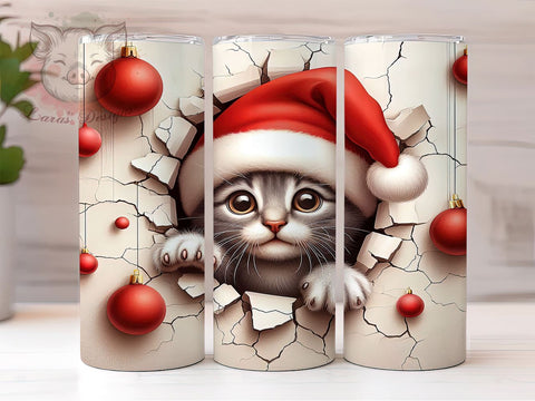 Festive 3D Cat Cracked Wall Tumbler, 3D Cat Design, Cracked Wall Tumbler, 20oz Tumbler Wrap, Cute Holiday Tumbler, Cat Lover Gift, Festive Sublimation Design Sublimation Lara' s Designs 