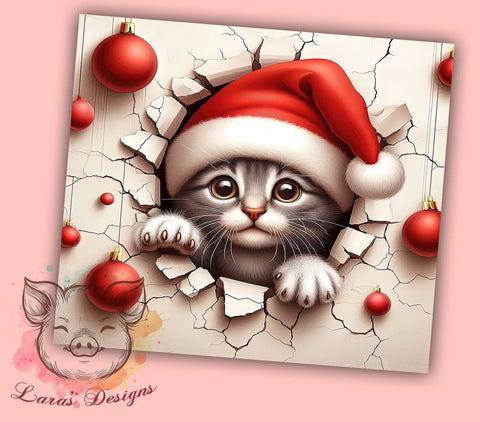 Festive 3D Cat Cracked Wall Tumbler, 3D Cat Design, Cracked Wall Tumbler, 20oz Tumbler Wrap, Cute Holiday Tumbler, Cat Lover Gift, Festive Sublimation Design Sublimation Lara' s Designs 