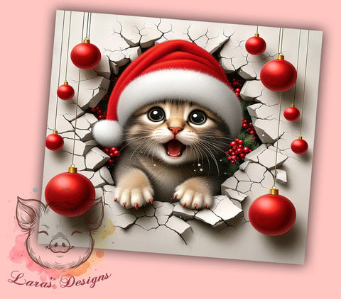 Festive 3D Cat Cracked Wall Tumbler, 3D Cat Design, Cracked Wall Tumbler, 20oz Tumbler Wrap, Cute Holiday Tumbler, Cat Lover Gift, Festive Sublimation Design Sublimation Lara' s Designs 