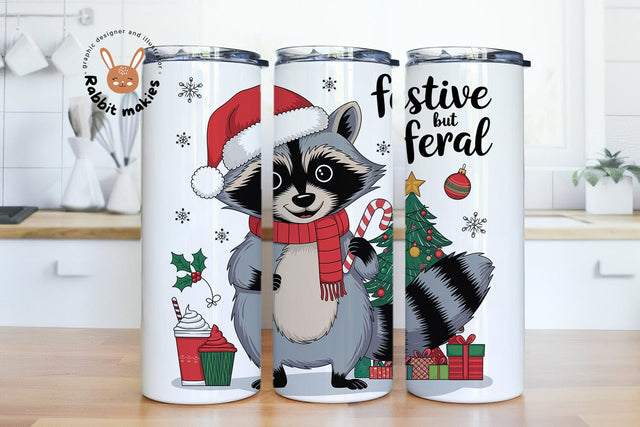 Festive but Feral Christmas Raccoon 20oz Skinny Tumbler Sublimation Designs Sublimation Rabbitmakies 
