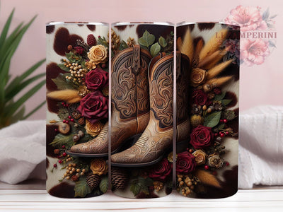 Festive Christmas Cowgirl Boots Tumbler, Christmas Western Pattern, Floral Cowhide Design, 20Oz Sublimation Wrap, Festive Cowgirl Art, Rustic Holiday Texture, Tumbler Sublimation Sublimation Li Zamperini 