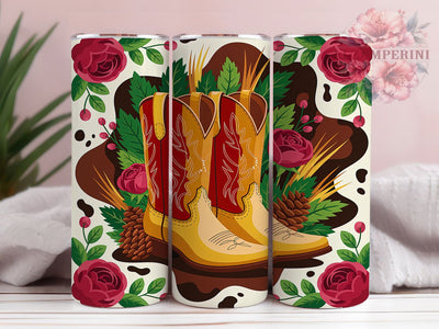 Festive Christmas Cowgirl Boots Tumbler, Christmas Western Pattern, Floral Cowhide Design, 20Oz Sublimation Wrap, Festive Cowgirl Art, Rustic Holiday Texture, Tumbler Sublimation Sublimation Li Zamperini 