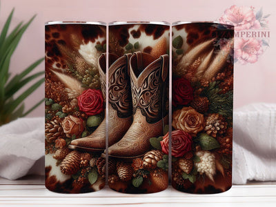 Festive Christmas Cowgirl Boots Tumbler, Christmas Western Pattern, Floral Cowhide Design, 20Oz Sublimation Wrap, Festive Cowgirl Art, Rustic Holiday Texture, Tumbler Sublimation Sublimation Li Zamperini 