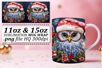 Festive Christmas Owl Mug Wrap 11oz 15oz Embroidery Sublimation afrosvg 