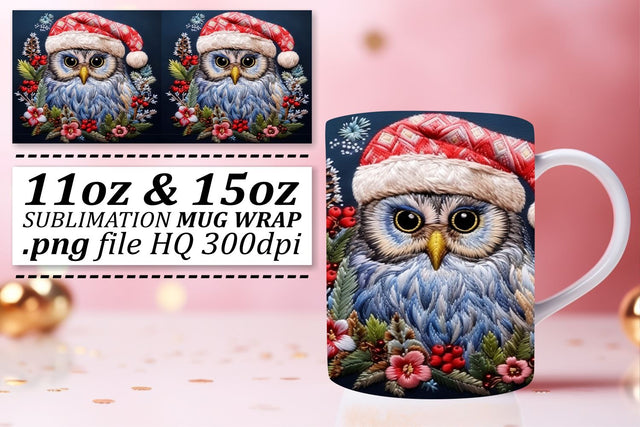 Festive Christmas Owl Mug Wrap 11oz 15oz Embroidery Sublimation afrosvg 