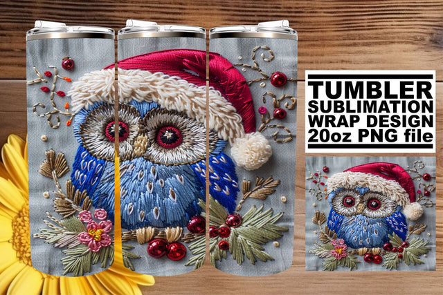 Festive Christmas Owl Wrap 20oz Embroidered Design Sublimation afrosvg 