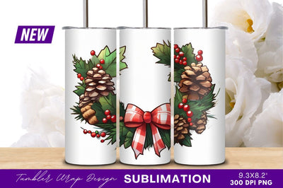 Festive Christmas Wreath With Bow Tumbler Png Sublimation Regulrcrative 