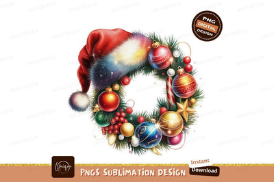 Festive Christmas Wreath With Santa Hat ornaments Sublimation Designangry 