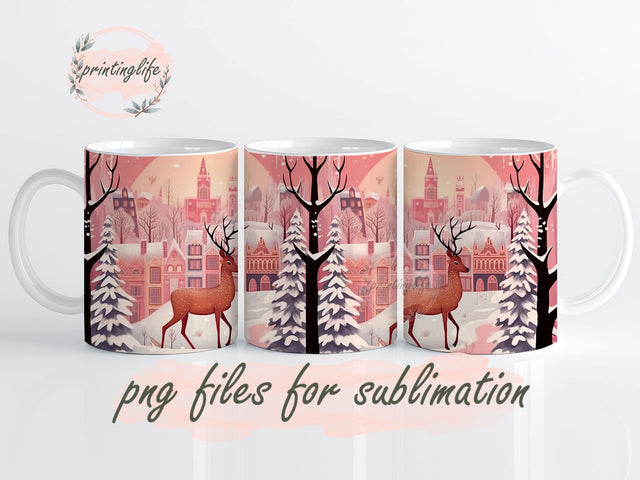 Festive Deer Pink Christmas Mug Wrap, Deer PNG Sublimation Design 11oz Sublimation PrintingLife 