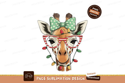 Festive giraffe wearing glasses and Christmas lights Sublimation Designangry 