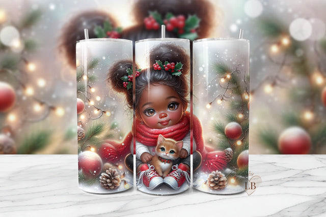 Festive Girl & Kitten Christmas Tumbler Sublimation Design Sublimation BijouBay 