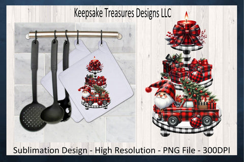 Festive Gnome and Plaid Truck Adorned Christmas Tiered Tray Display Sublimation Keepsake Treasures Designs LLC. 
