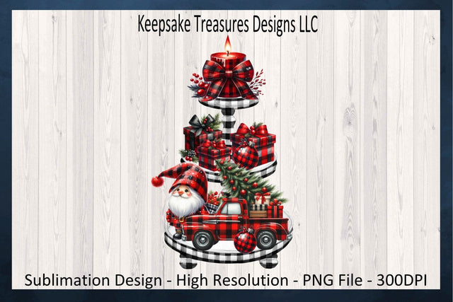 Festive Gnome and Plaid Truck Adorned Christmas Tiered Tray Display Sublimation Keepsake Treasures Designs LLC. 