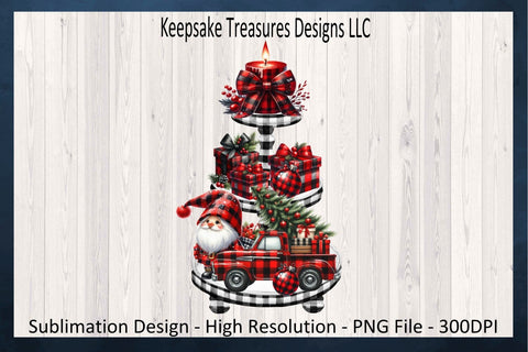 Festive Gnome and Plaid Truck Adorned Christmas Tiered Tray Display Sublimation Keepsake Treasures Designs LLC. 