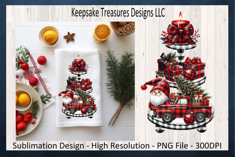 Festive Gnome and Plaid Truck Adorned Christmas Tiered Tray Display Sublimation Keepsake Treasures Designs LLC. 