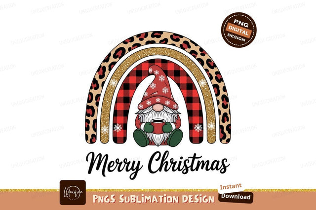 Festive gnome holding coffee cup under rainbow christmas Sublimation Designangry 