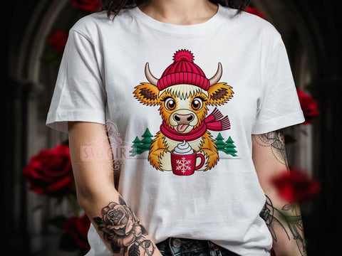 Festive Highland Calf T-Shirt PNG, Highland Calf, Festive Style, Rustic Vibes, Holiday Fashion, Sublimation PNG, Statement Shirt, Farmhouse Apparel Sublimation SvggirlplusArt 