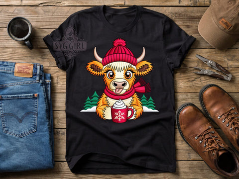Festive Highland Calf T-Shirt PNG, Highland Calf, Festive Style, Rustic Vibes, Holiday Fashion, Sublimation PNG, Statement Shirt, Farmhouse Apparel Sublimation SvggirlplusArt 