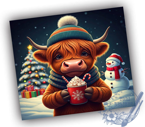 Festive Highland Cow Tumbler Wrap, Christmas Tumbler, Highland Cow Gift, Snowman Design, 20oz Tumbler Wrap, Cute Holiday Decor, Farm Animal Art, Festive Drinkware Sublimation ToriDesigns 