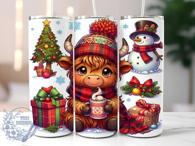 Festive Highland Cow Tumbler Wrap, Christmas Tumbler, Highland Cow Gift, Snowman Design, 20oz Tumbler Wrap, Cute Holiday Decor, Farm Animal Art, Festive Drinkware Sublimation ToriDesigns 