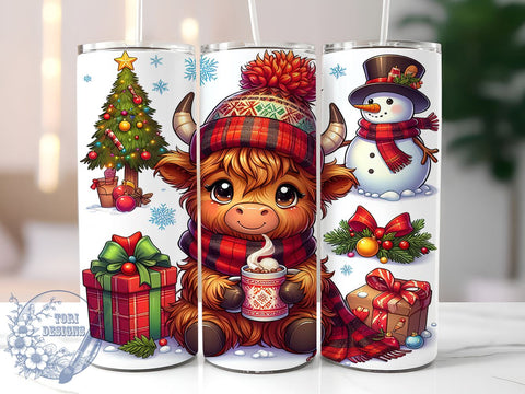 Festive Highland Cow Tumbler Wrap, Christmas Tumbler, Highland Cow Gift, Snowman Design, 20oz Tumbler Wrap, Cute Holiday Decor, Farm Animal Art, Festive Drinkware Sublimation ToriDesigns 
