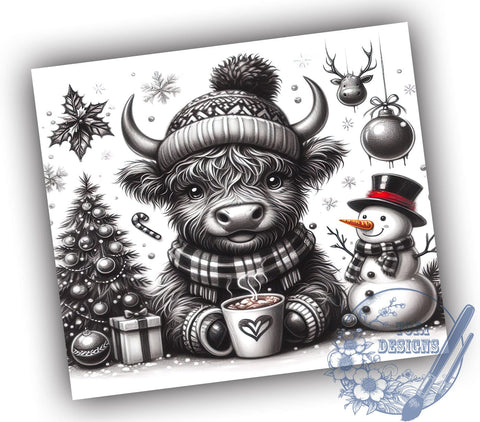 Festive Highland Cow Tumbler Wrap, Christmas Tumbler, Highland Cow Gift, Snowman Design, 20oz Tumbler Wrap, Cute Holiday Decor, Farm Animal Art, Festive Drinkware Sublimation ToriDesigns 