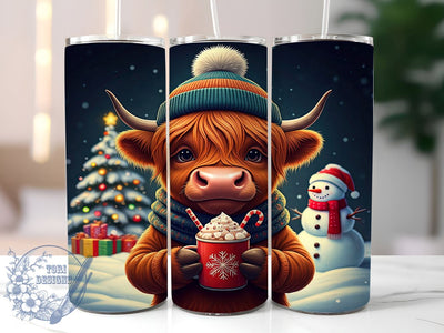 Festive Highland Cow Tumbler Wrap, Christmas Tumbler, Highland Cow Gift, Snowman Design, 20oz Tumbler Wrap, Cute Holiday Decor, Farm Animal Art, Festive Drinkware Sublimation ToriDesigns 
