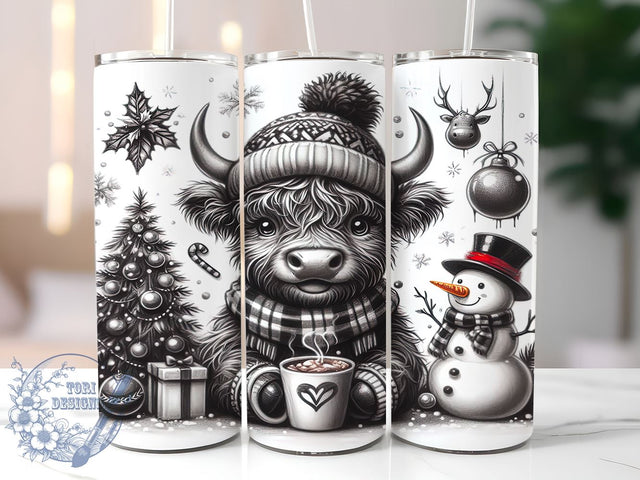 Festive Highland Cow Tumbler Wrap, Christmas Tumbler, Highland Cow Gift, Snowman Design, 20oz Tumbler Wrap, Cute Holiday Decor, Farm Animal Art, Festive Drinkware Sublimation ToriDesigns 