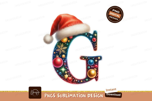 Festive letter G with Santa hat and ornaments Christmas Sublimation Designangry 