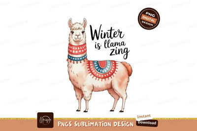 Festive llama wearing colorful blanket animal winter Sublimation Designangry 