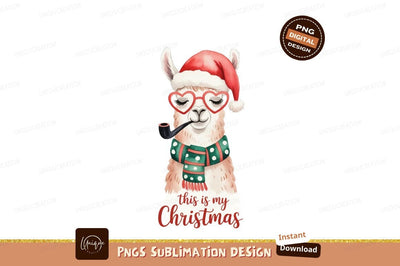 Festive llama wearing santa hat scarf and glasses christmas Sublimation Designangry 