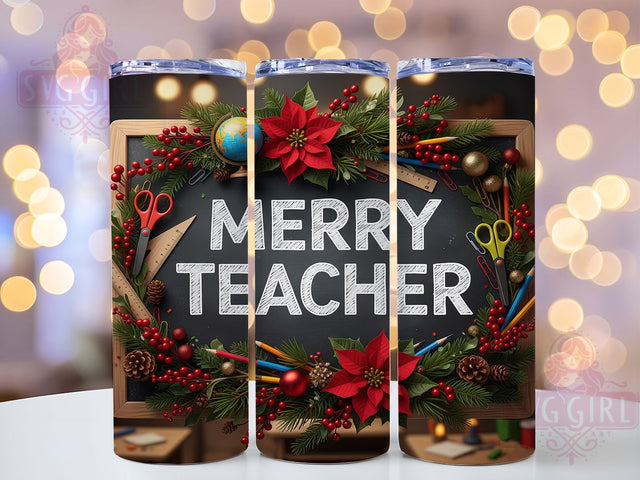 Festive Merry Christmas Teacher Tumbler, Merry Holiday Wrap, Festive Educator Sublimation, School Spirit Cup, 20Oz Skinny Tumbler Wrap, Holiday Teacher Mug, Cheerful Classroom Design Sublimation SvggirlplusArt 
