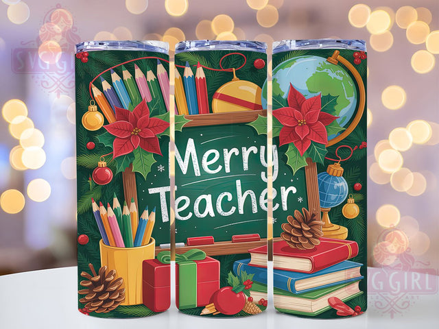 Festive Merry Christmas Teacher Tumbler, Merry Holiday Wrap, Festive Educator Sublimation, School Spirit Cup, 20Oz Skinny Tumbler Wrap, Holiday Teacher Mug, Cheerful Classroom Design Sublimation SvggirlplusArt 