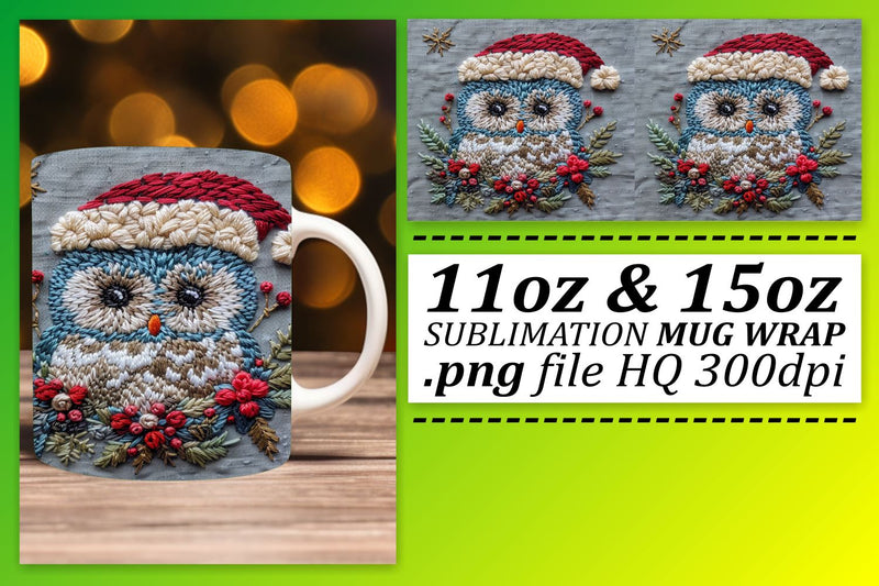 Festive Owl Christmas Mug Wrap 11oz 15oz Embroidery Sublimation afrosvg 