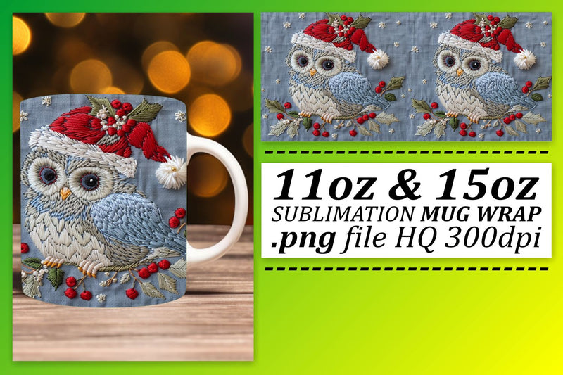 Festive Owl Mug Wrap 11oz 15oz Christmas Embroidery Sublimation afrosvg 