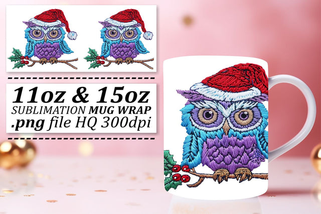 Festive Owl Mug Wrap Embroidered Christmas 11oz 15oz Sublimation afrosvg 