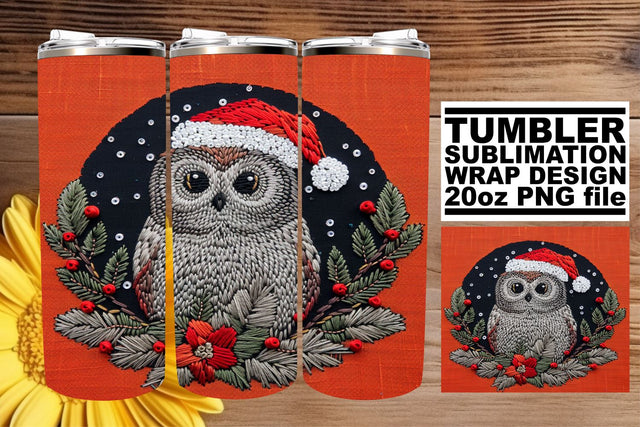 Festive Owl Tumbler Wrap 20oz Holiday Embroidery Sublimation afrosvg 